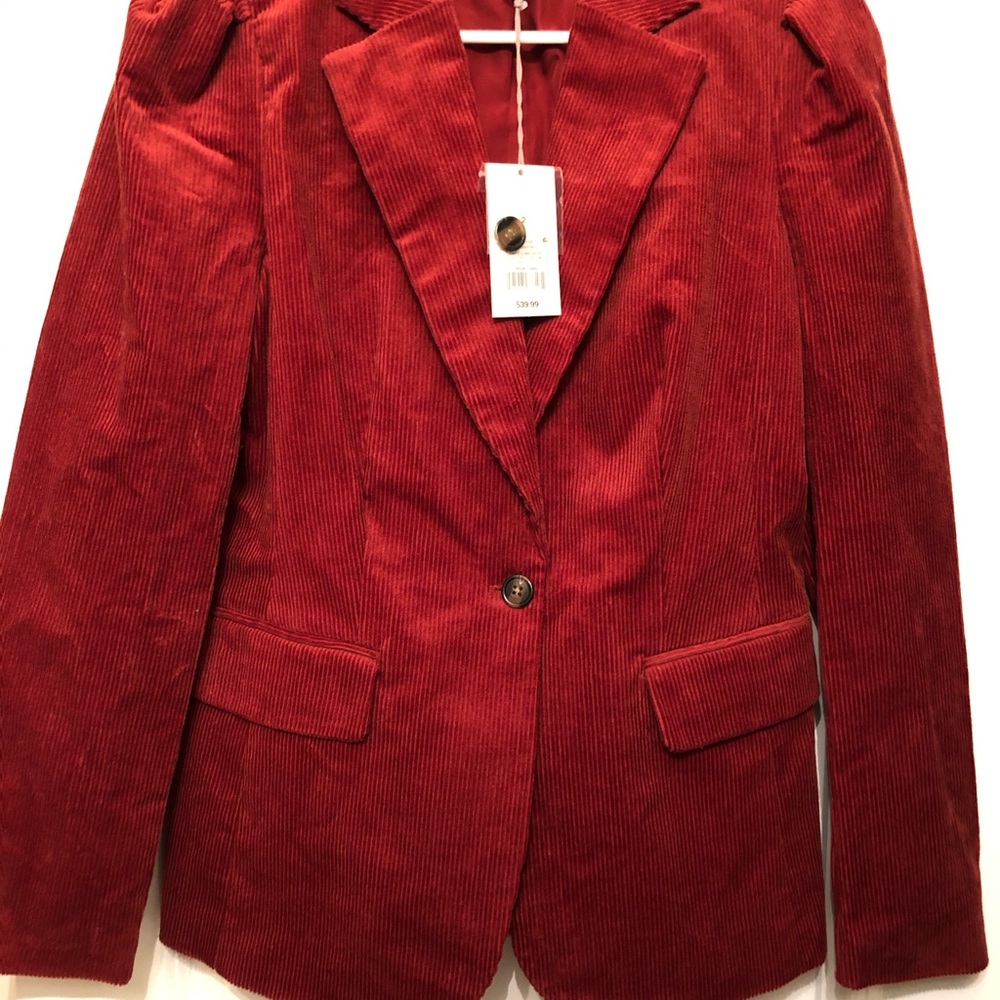 Women’s blazer-pleated shoulders-red/orange/rust color